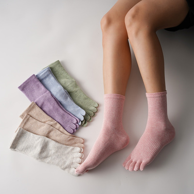 内田春季中筒学院风素色纯棉五指袜女款基础纯色脚趾一体脚趾袜子