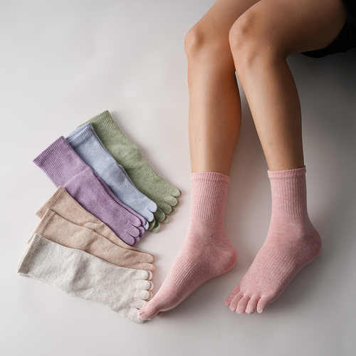 内田秋冬中筒学院风素色纯棉五指袜女款基础纯色脚趾一体脚趾袜子