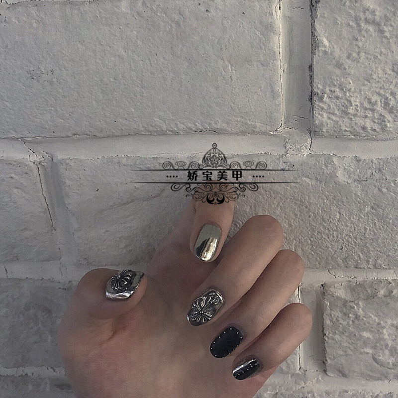 包邮娇宝日系镜面黑光疗手工新娘假指甲穿戴成品美甲贴片短款孕妇