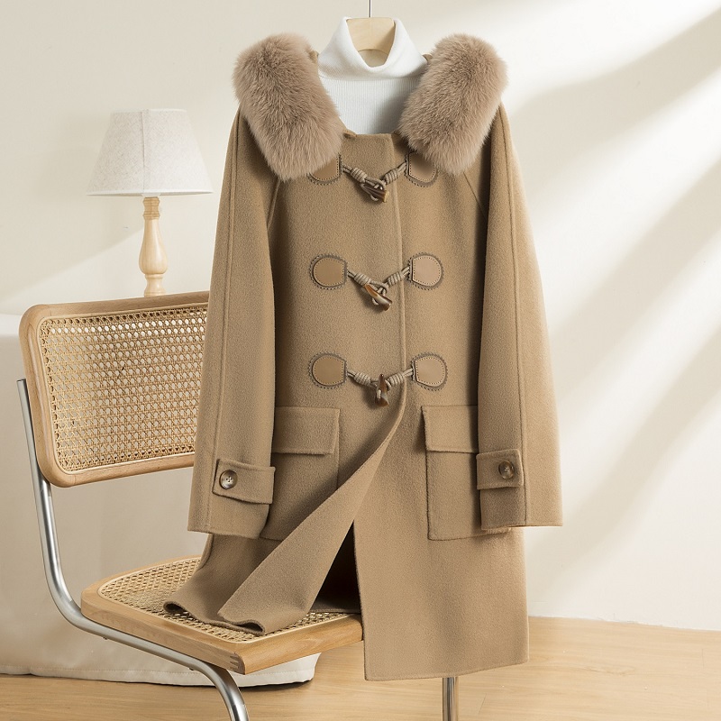 秋冬双面羊绒大衣女中长款驼色新款学院风羊毛呢牛角扣大毛领外套