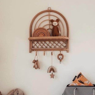 北欧ins复古藤编壁挂置物架儿童房收纳架衣帽挂钩民宿装 饰壁饰