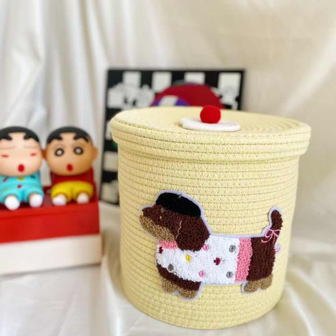 韩国ins可爱斑点狗棉绳编织带盖收纳筐零食杂物收纳桶衣服整理筐,收纳整理,收纳筐,淘宝优惠券,粉丝福利购,淘宝优惠卷