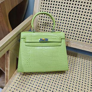 外贸出口清仓专柜品牌清货真皮鳄鱼纹绿色牛皮凯莉25单肩手提女包