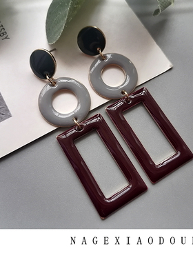 S2韩单日韩风莫兰迪红蓝灰色圆环方形几何造型设计感滴油耳环饰品