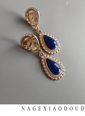 J25渠道货源轻奢宫廷复古风蓝色滴油水滴精致小耳环