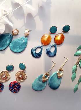 W1夸张蓝绿色大耳环2021新款复古耳环女欧美风高级感拍照度假耳饰