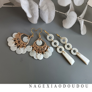 E11原创手作白贝片流苏度假风贝母银针耳环耳夹