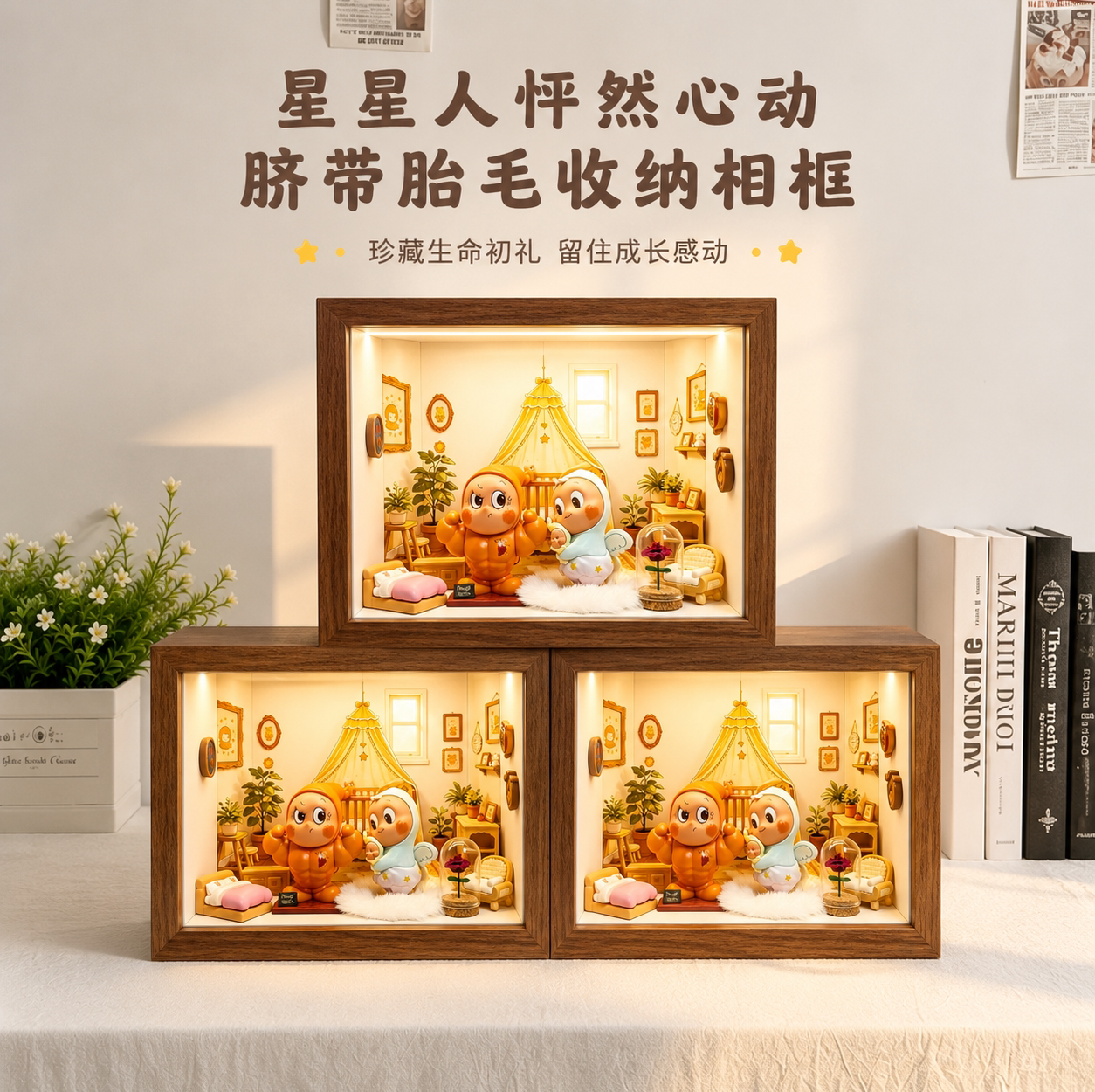 星星人盲盒展示盒胎毛收纳diy造景相框盲盒造景展示盒带灯摆台框