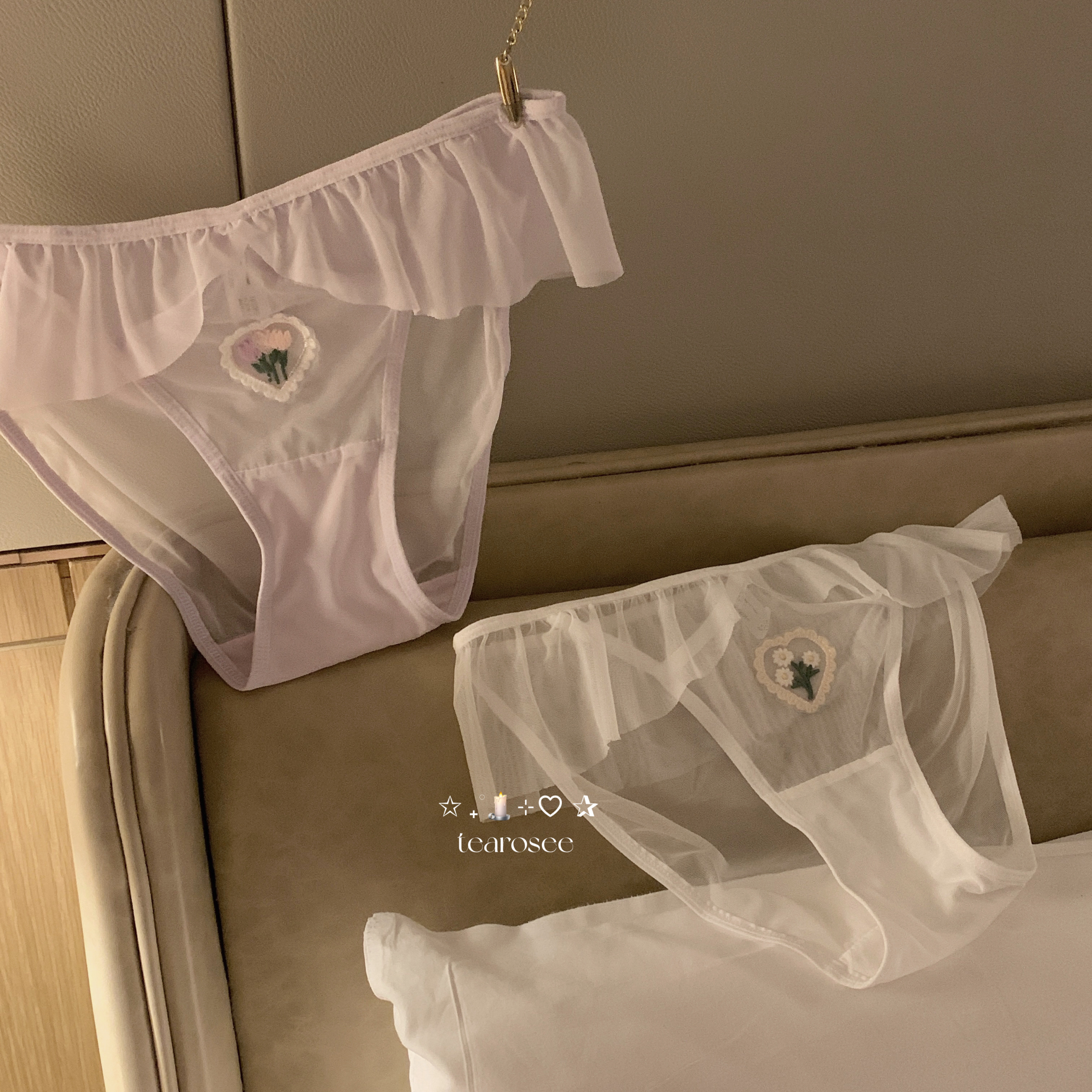 tearosee 春日交响曲 网纱舒适柔软刺绣爱心贴片透明少女低腰内裤