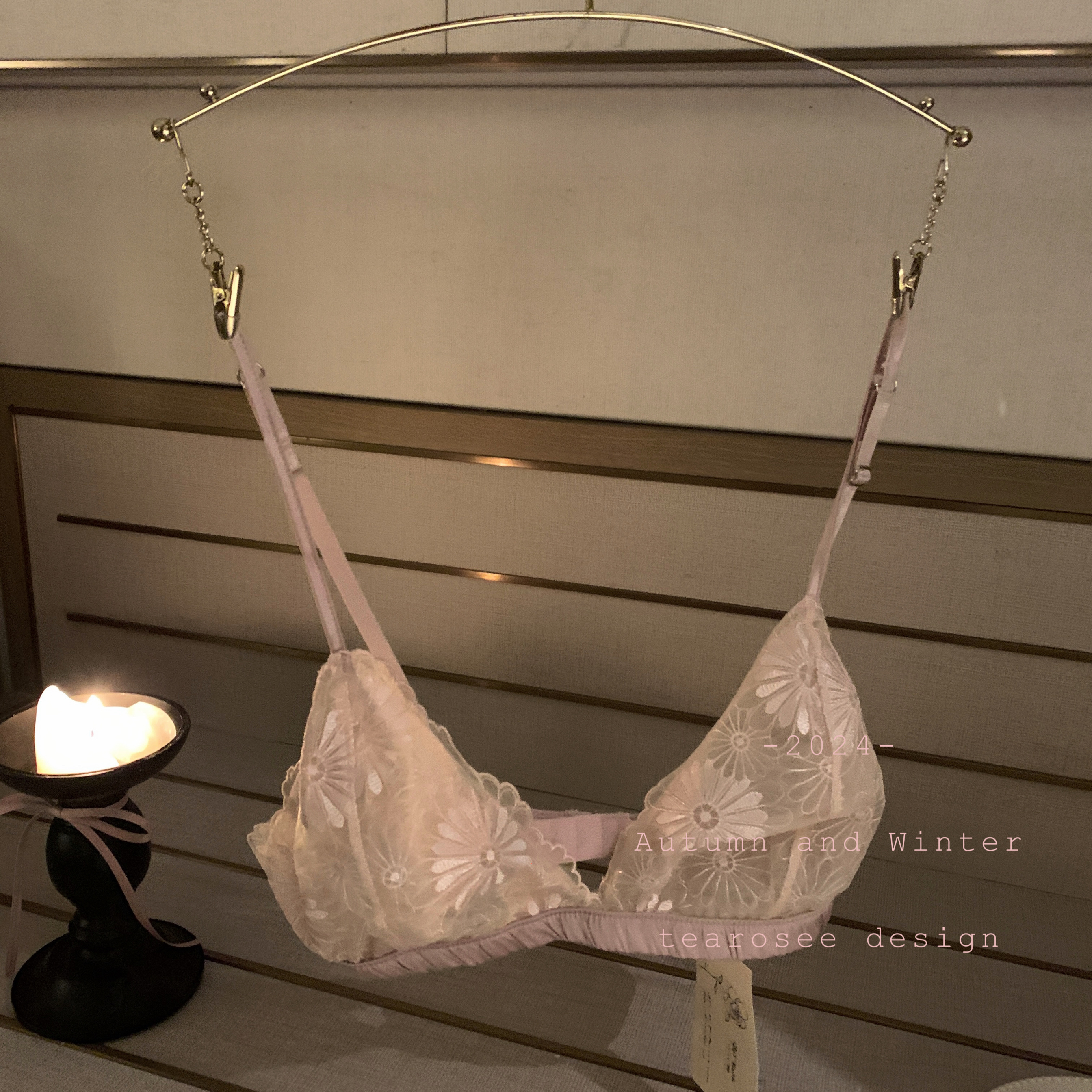 tearosee 粉雏菊  超薄法式刺绣蕾丝三角杯小胸无钢圈无垫单内衣