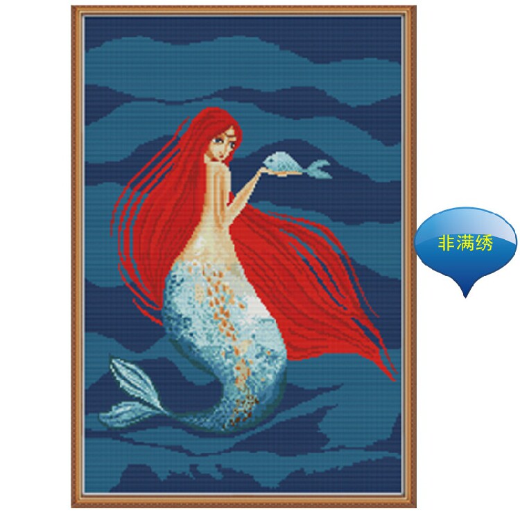蓝色大海美人鱼印花十字绣卧室欧式新款过道走廊线绣挂画童话公主