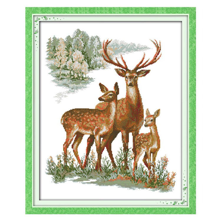 印花简单唯美一家三口梅花鹿版十字绣卧室书房动物刺绣幸福在一起