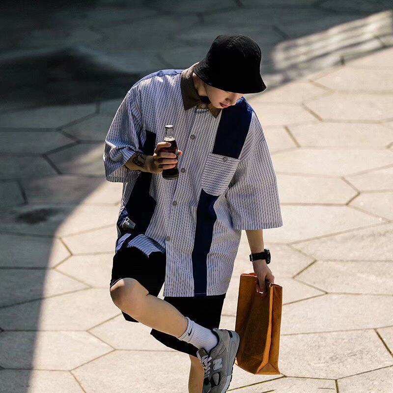 日系拼接条纹衬衫男夏季港风潮流宽松外套短袖衬衣QG66P34，男装衬衫，星座1116-2