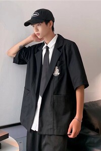 夏季新款ins休闲西装外套男韩版宽松纯色七分袖西服W1201P40