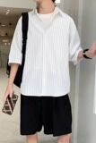 日系复古竖条纹衬衫男2023夏季ins港风情侣半袖翻领衬衣W1029P30，男装衬衫，星座1116-2