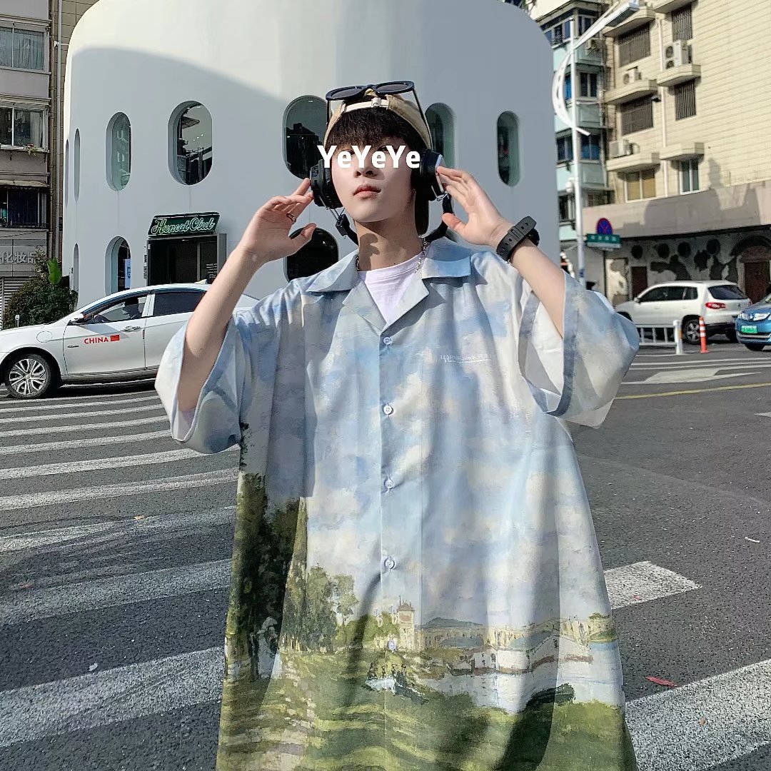 自然风景青春流行ins宽松型新款夏季短袖男原宿潮衬衫C273P40图片
