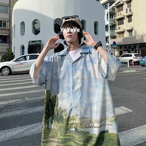 自然风景青春流行ins宽松型新款夏季短袖男原宿潮衬衫C273P40图片