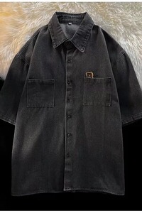 牛仔衬衫男港风复古宽松五分袖衬衣短袖上衣外套W1352P40图片