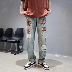 牛仔裤男夏季宽松直筒港风复古小熊束脚工装裤子春秋N9006P45图片