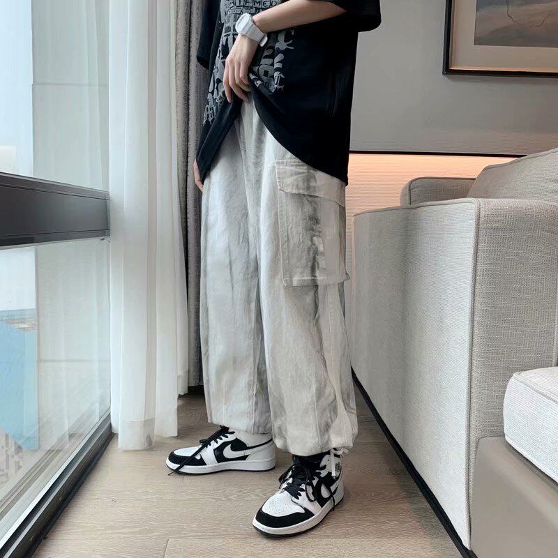日系扎染痞帅工装裤宽松潮流坠感直筒阔腿休闲长裤图片