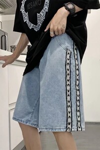 薄款条纹设计侧边牛仔短裤子男直筒宽松炸街编织绳中裤ND02P35