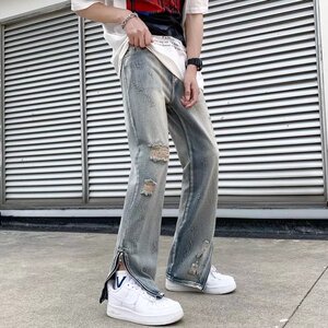 美式复古水洗做旧刀割破洞牛仔裤男ins欧美高街直筒长裤N962P42图片
