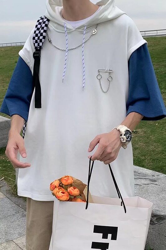 2022拼接色短袖T恤连帽卫衣男生夏季宽松港风宽松半袖上衣B34P30,男装卫衣,星座1116-2