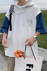 2022拼接色短袖T恤连帽卫衣男生夏季宽松港风宽松半袖上衣B34P30,粉色搭配什么色醒目图片