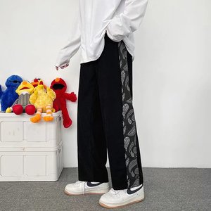 腰果花裤子男高街ins潮宽松抽绳阔腿灯芯绒休闲裤A396P26,黑色匡威高帮搭配裤子图片