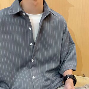 日系复古竖条纹衬衫男2023夏季ins港风情侣半袖翻领衬衣W1029P30图片