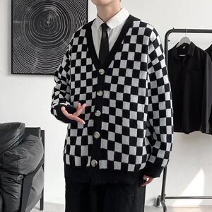 男秋季新款棋格纹针织衫开衫M487P40图片