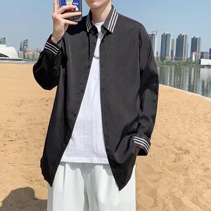 长袖衬衫男士宽松潮流纯黑色衬衣韩版百搭休闲外套衣服C9643P28图片