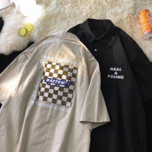 夏季2023年新款韩版短袖宽松显瘦棋盘格衬衫CT32P35图片
