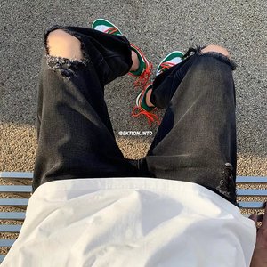 潮流ins暗黑高街头做旧水洗宽松直筒休闲牛仔裤G3076P38图片