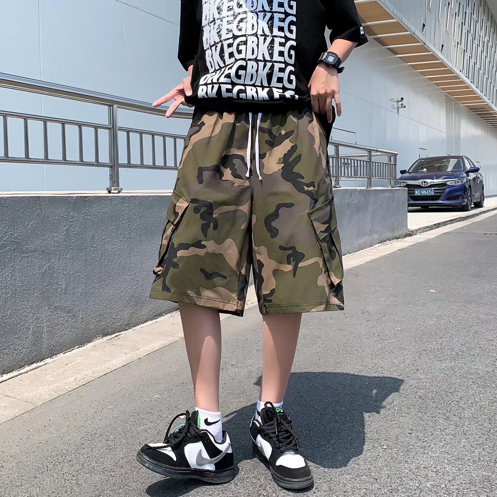 潮男运动裤青春潮流直筒军绿色休闲裤夏季五分裤迷彩QG04P30图片