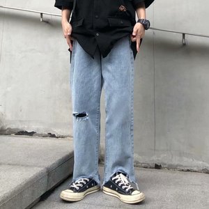 男士大码休闲牛仔裤破洞直筒流行潮牌图片
