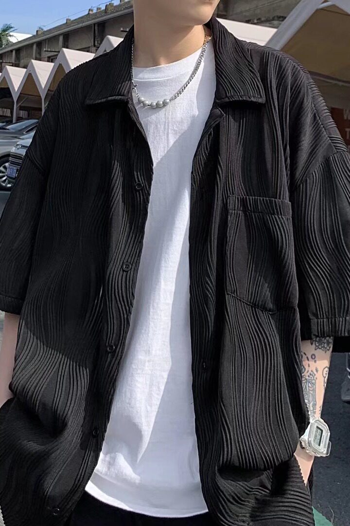 褶皱波浪纹短袖衬衫男夏季潮流宽松设计感半袖寸衣C4027P33,男装衬衫,星座1116-2