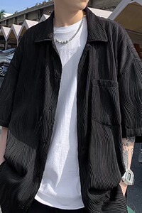 褶皱波浪纹短袖衬衫男夏季潮流宽松设计感半袖寸衣C4027P33