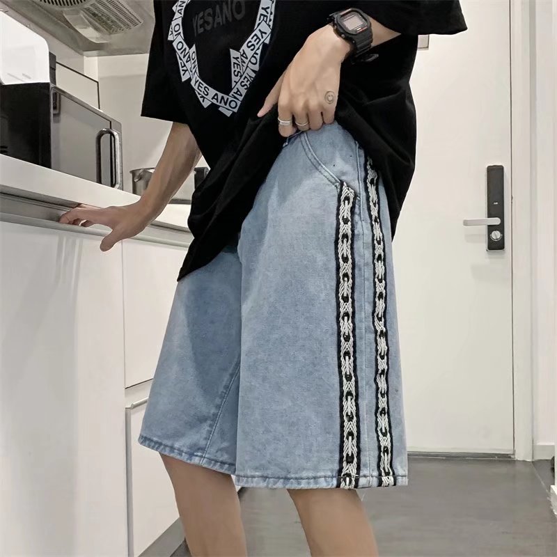 薄款条纹设计侧边牛仔短裤子男直筒宽松炸街编织绳中裤ND02P35,男装牛仔裤,星座1116-2