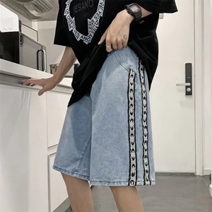 薄款条纹设计侧边牛仔短裤子男直筒宽松炸街编织绳中裤ND02P35
