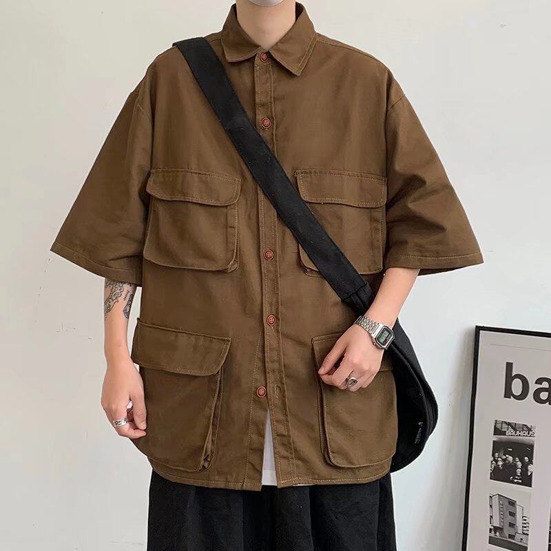 五分袖大码工装衬衫男港风日系宽松多口袋短袖衬衣中袖GCS11P38图片