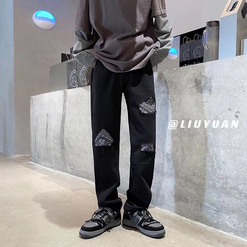 美式高街vibe风裤子欧美痞帅字母贴布毛边牛仔裤男小脚裤N349P43图片