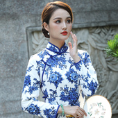 玫娅娣2021斜襟长袖 复古青花瓷民族风旗袍女唐装 日常上衣短旗袍