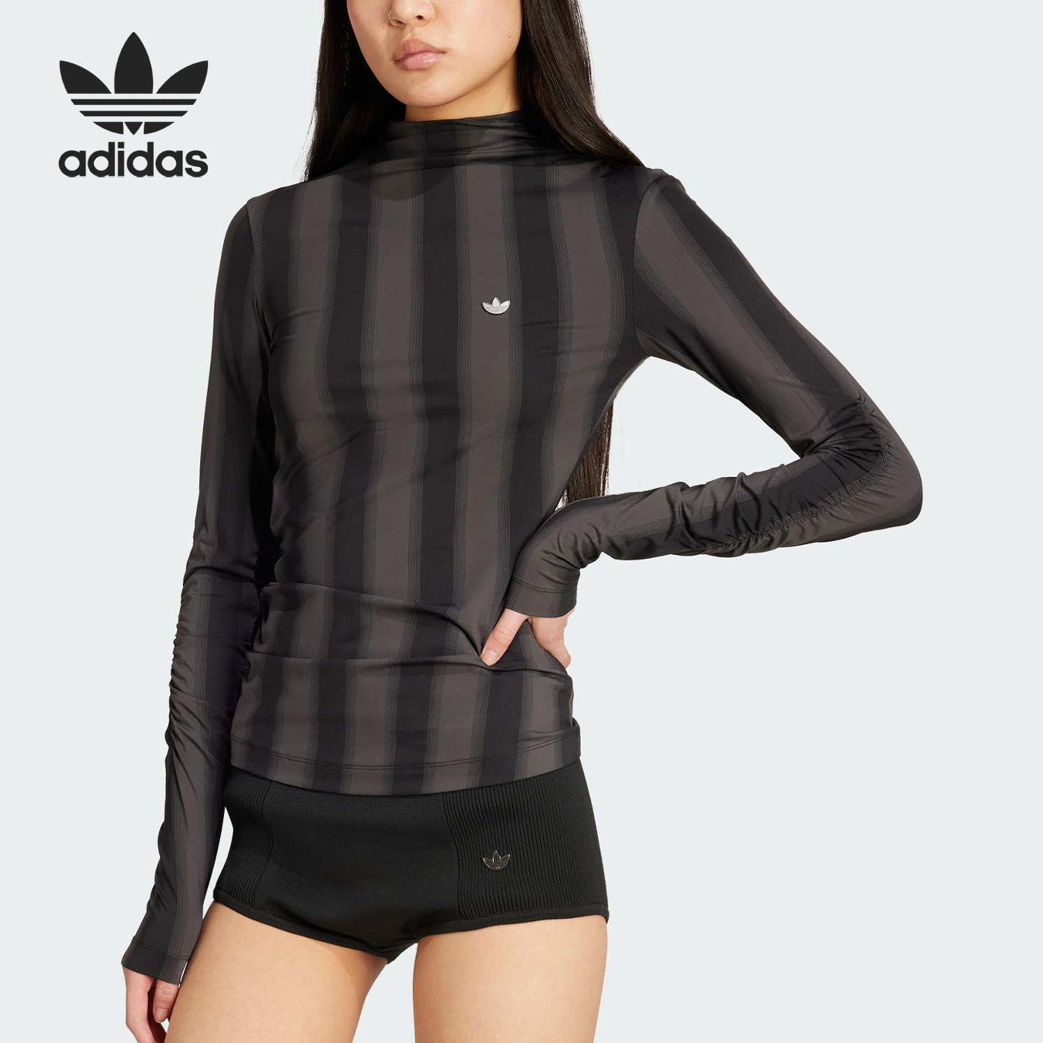 Adidas/阿迪达斯正品三叶草女士休闲竖条纹修身半高领长袖JW7316