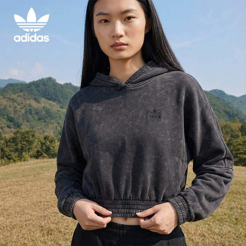 Adidas/阿迪达斯正品三叶草女士时尚短款复古连帽卫衣JJ0333,运动服/休闲服装,运动卫衣/套头衫,淘宝优惠券,粉丝福利购,淘宝优惠卷