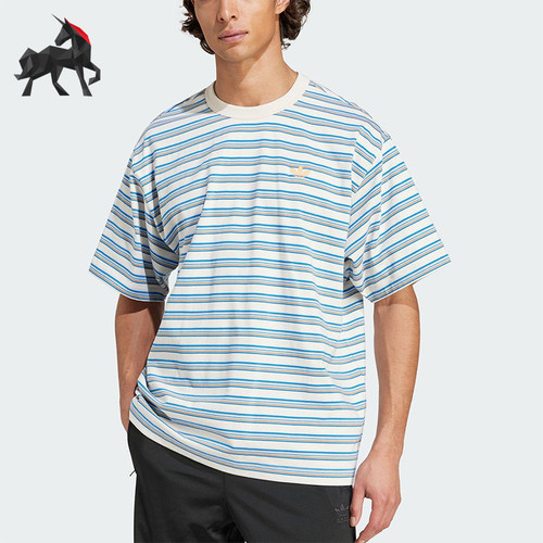 Adidas/阿迪达斯正品2025夏季三叶草男士经典宽松条纹短袖KB8355