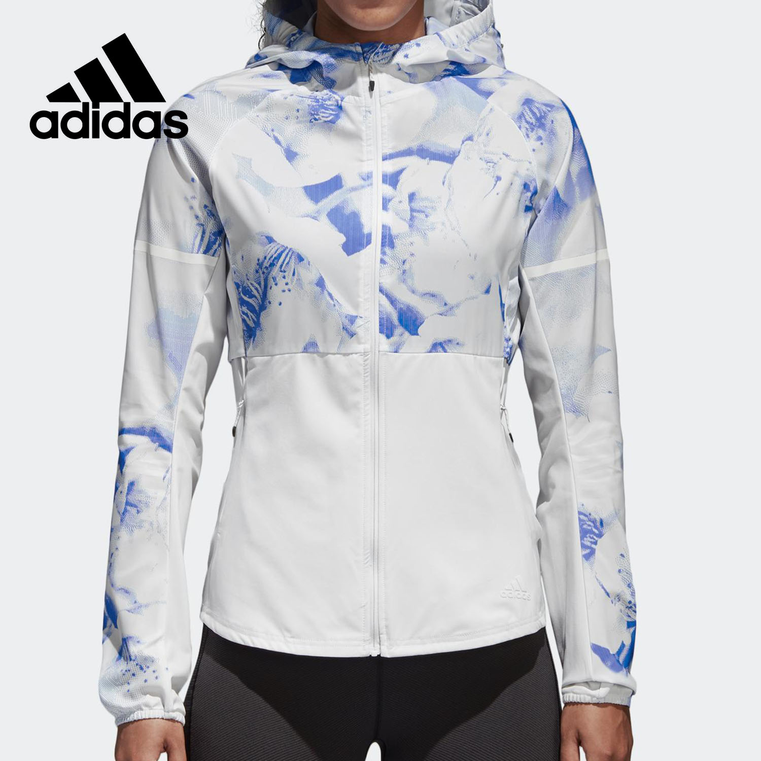 Adidas/阿迪达斯正品女子印花连帽跑步运动夹克外套 CF9880