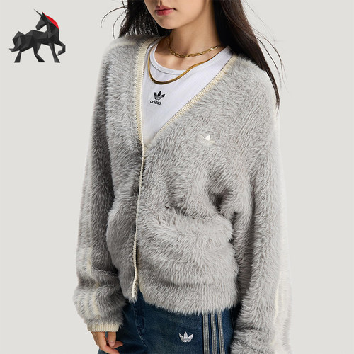 Adidas/阿迪达斯正品三叶草女士针织新年款慵懒风毛绒外套KT3170