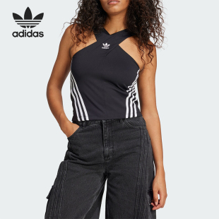 背心 Adidas 交叉肩带透气无袖 三叶草女士修身 JM9258 阿迪达斯正品