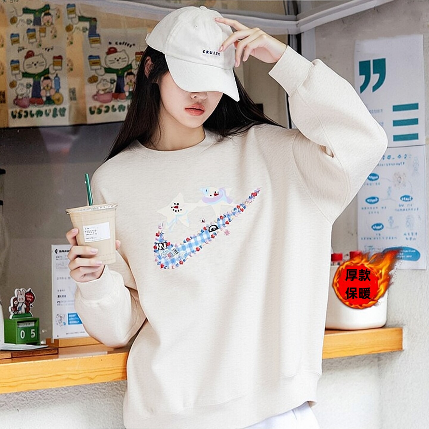 Nike耐克厚款卫衣宽松大码外套冬季新款女子运动服圆领落肩套头衫